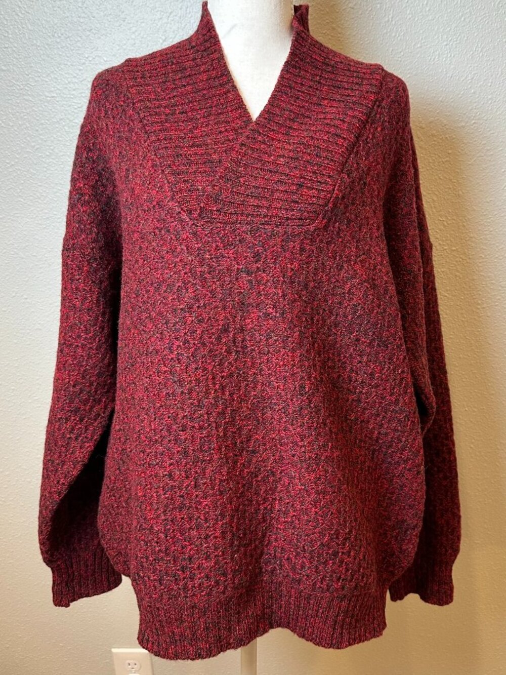 Vintage Crew Clothing Shetland Wool Sweater Large Red Marled Chunky Shawl Neck